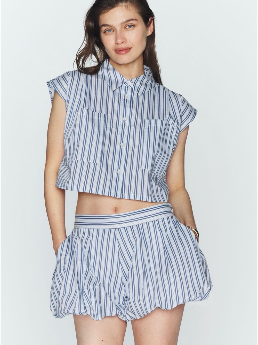 MAEVE Anthropology Striped Blue & White Cropped Shirt and Bubble Shorts Set XS